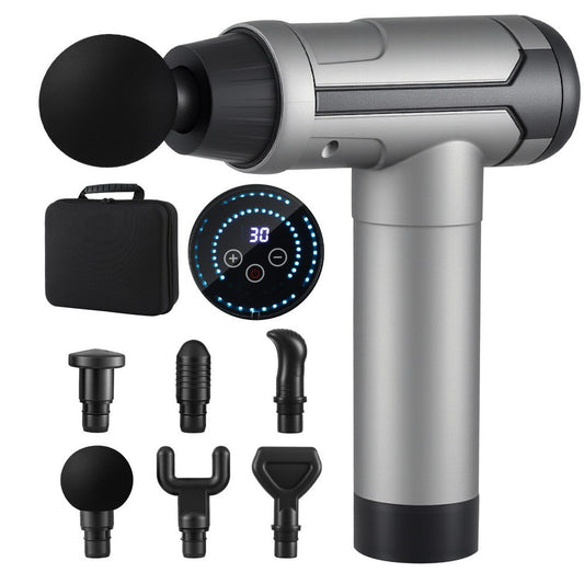 Everfit massage gun with 6 interchangeable heads, black vibration muscle massager, 30 speed settings, rechargeable.