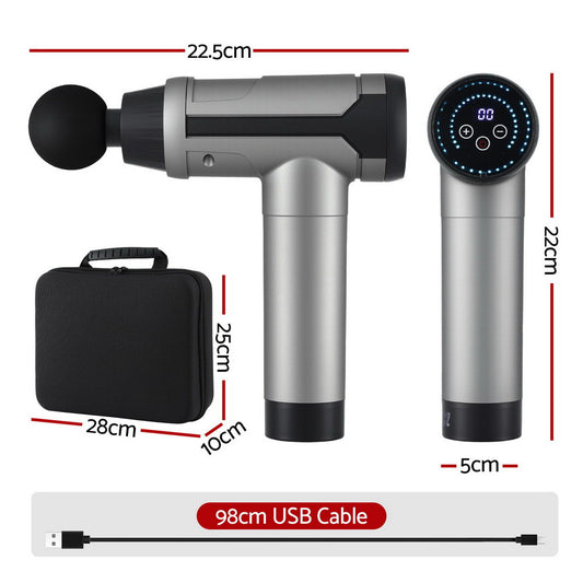 Everfit massage gun with 6 interchangeable heads, black vibration massager, 30 speeds, rechargeable for muscle relaxation.