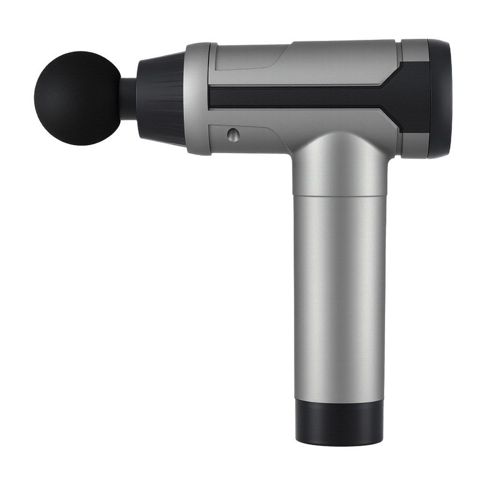 Everfit massage gun with 6 interchangeable heads, black vibration massager, 30 speeds, rechargeable for muscle relaxation.