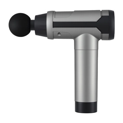 Everfit massage gun with 6 interchangeable heads, black vibration massager, 30 speeds, rechargeable for muscle relaxation.