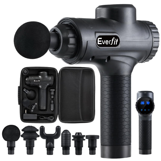 Hlpmedical Everfit massage gun with 30 speeds, 6 heads, vibration therapy, chargeable black muscle massager in a health and beauty setting