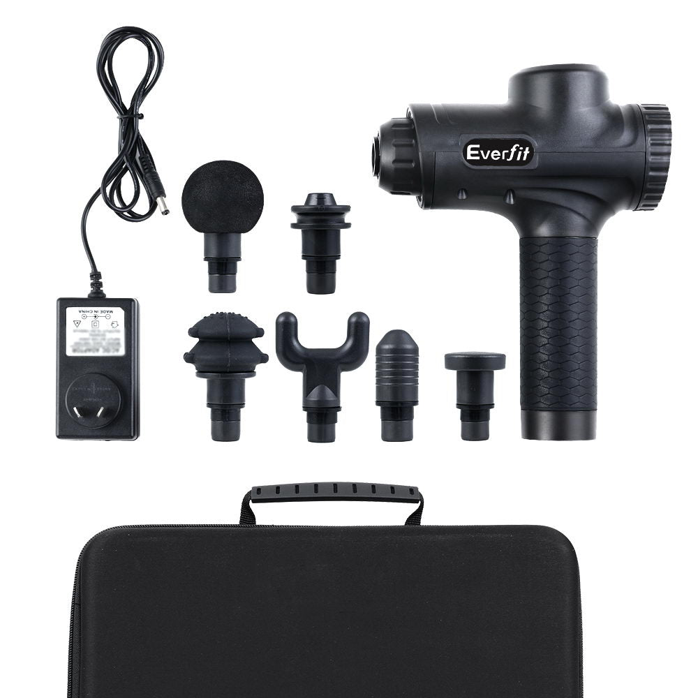 Everfit massage gun with black finish, 30 speeds, 6 heads for muscle relaxation and vibration therapy, rechargeable massage device