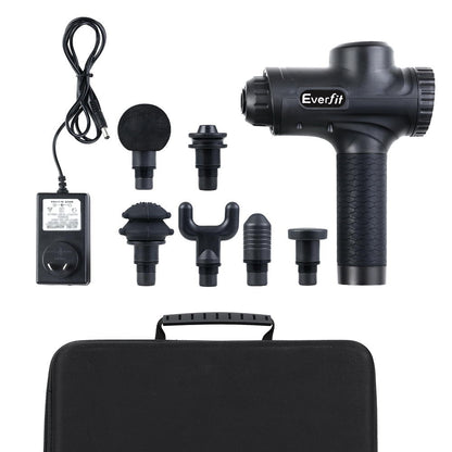 Everfit massage gun with black finish, 30 speeds, 6 heads for muscle relaxation and vibration therapy, rechargeable massage device