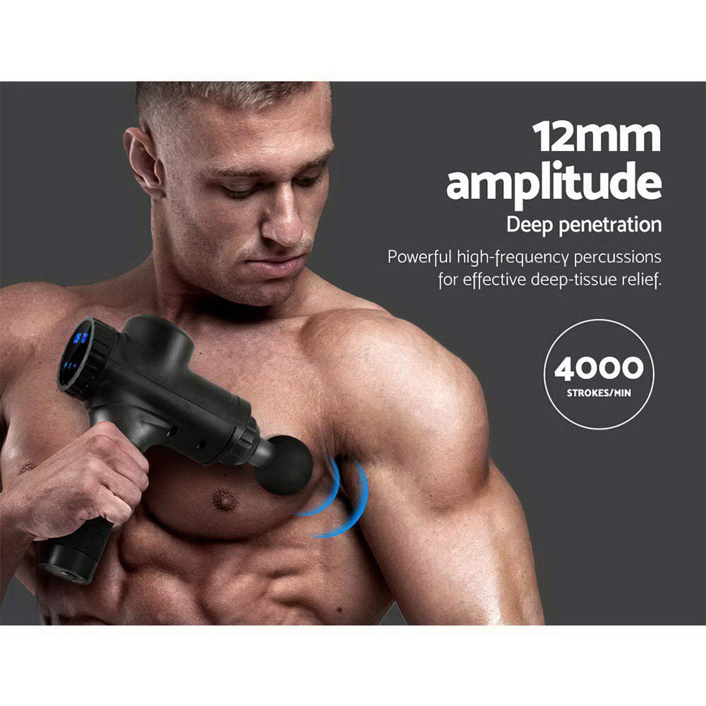 Everfit massage gun by Hlpmedical with 30 speeds, 6 heads, black vibration muscle massager for relaxation and recovery.