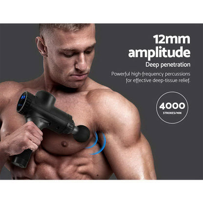 Everfit massage gun by Hlpmedical with 30 speeds, 6 heads, black vibration muscle massager for relaxation and recovery.