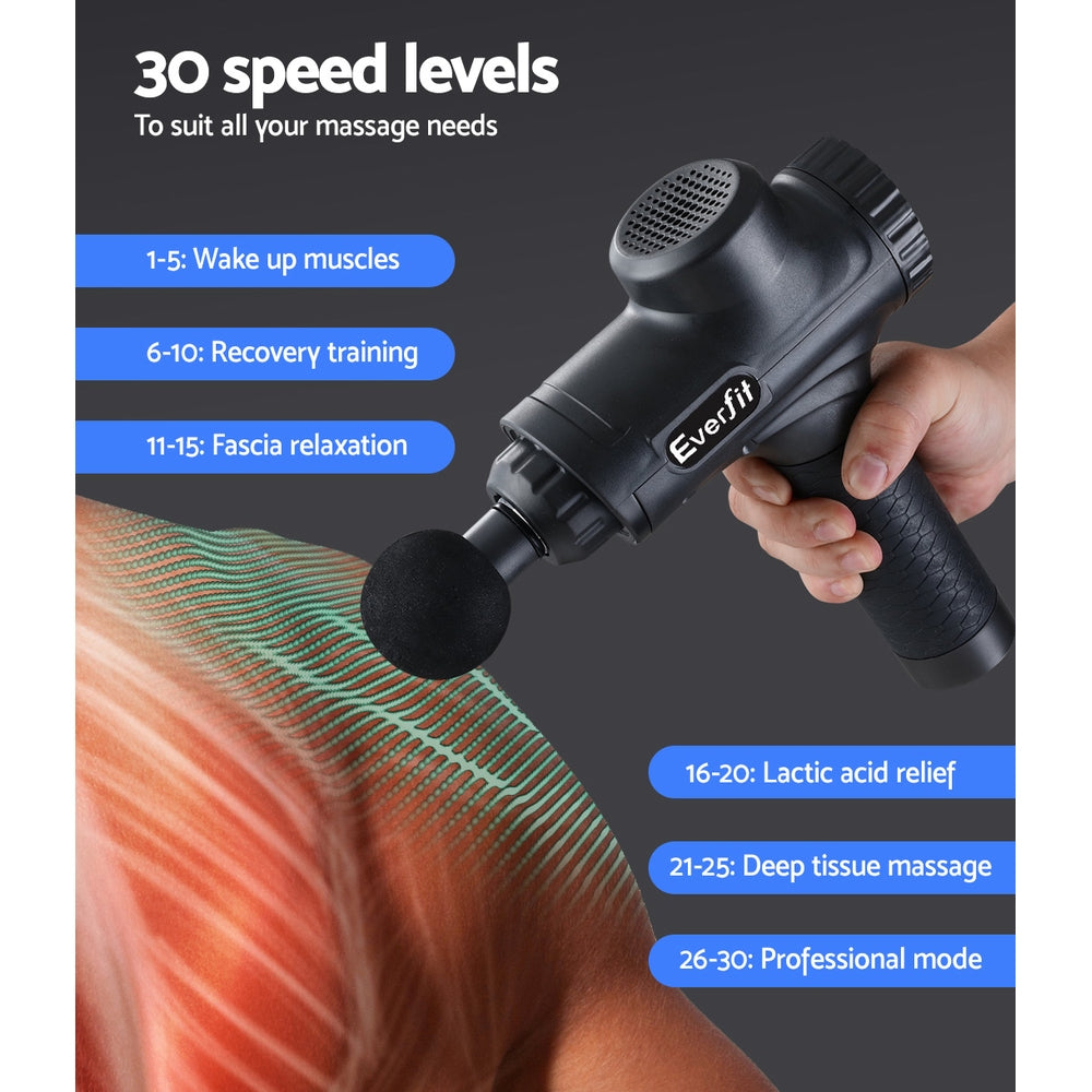 Hlpmedical Everfit massage gun with 30 speeds, 6 heads, black vibration muscle massager for relaxation and pain relief.
