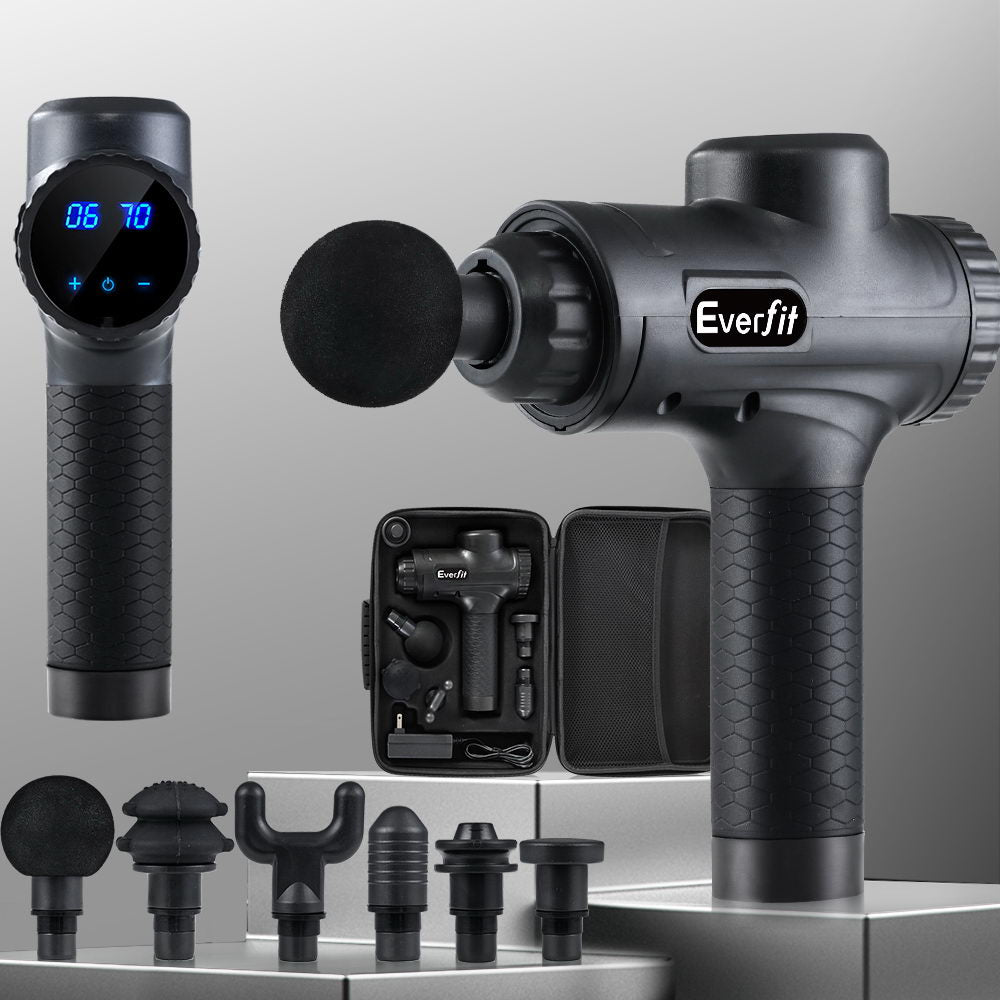 Everfit massage gun with 30 speeds, 6 attachments, vibration therapy, chargeable in black, for muscle relaxation and recovery.