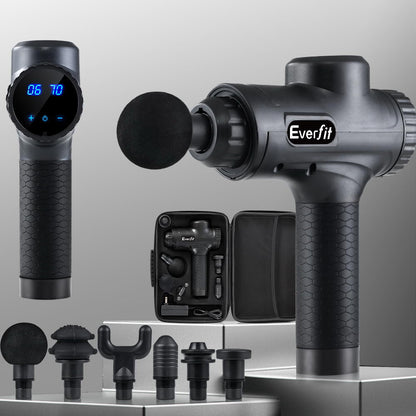 Everfit massage gun with 30 speeds, 6 attachments, vibration therapy, chargeable in black, for muscle relaxation and recovery.