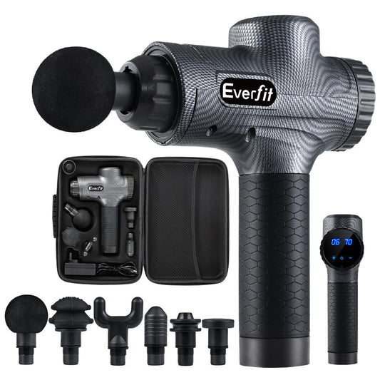 Hlpmedical Everfit massage gun with 30 speeds, 6 interchangeable heads, grey vibration muscle massager for relaxation.