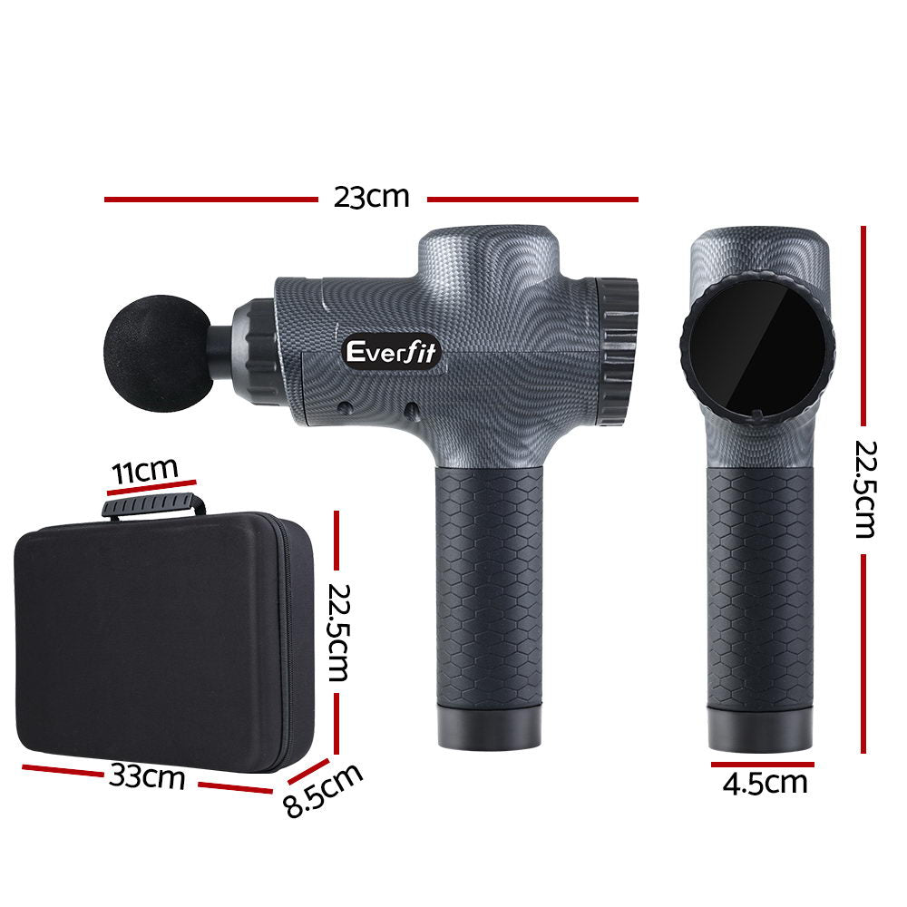 Everfit massage gun by Hlpmedical with 30 speeds, 6 heads, vibration therapy, chargeable grey handheld muscle massager.