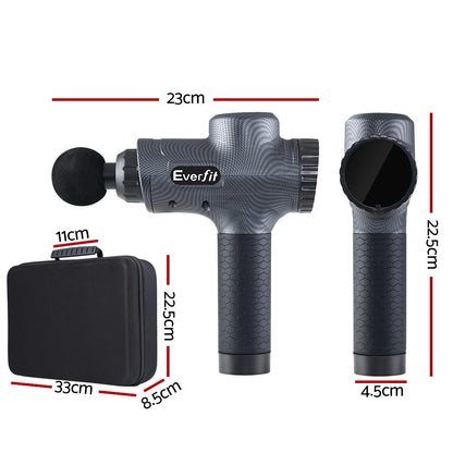 Everfit massage gun by Hlpmedical with 30 speeds, 6 heads, vibration therapy, chargeable grey handheld muscle massager.
