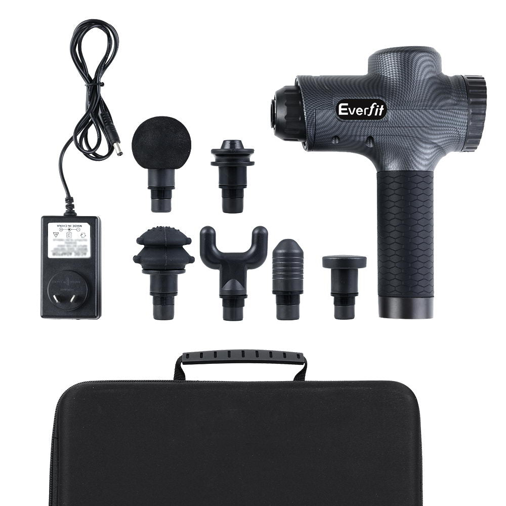 Everfit massage gun with 30 speeds, 6 heads, grey color, vibration therapy for muscle relaxation, rechargeable, Hlpmedical brand