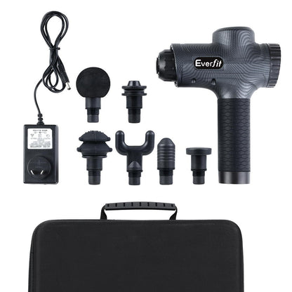 Everfit massage gun with 30 speeds, 6 heads, grey color, vibration therapy for muscle relaxation, rechargeable, Hlpmedical brand