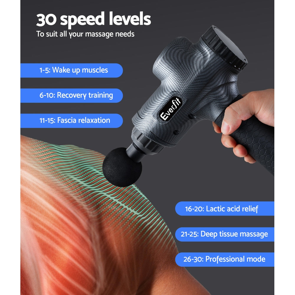 Everfit massage gun with 30 speeds, 6 heads, vibration therapy, chargeable grey muscle massager by Hlpmedical