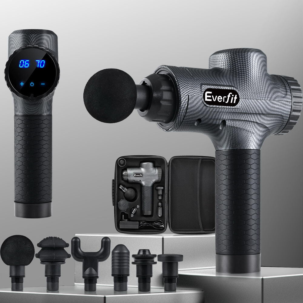 Everfit massage gun in grey with six heads and 30 speed settings, designed for muscle relaxation and vibration therapy.