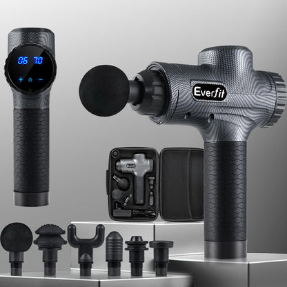 Everfit massage gun in grey with six heads and 30 speed settings, designed for muscle relaxation and vibration therapy.