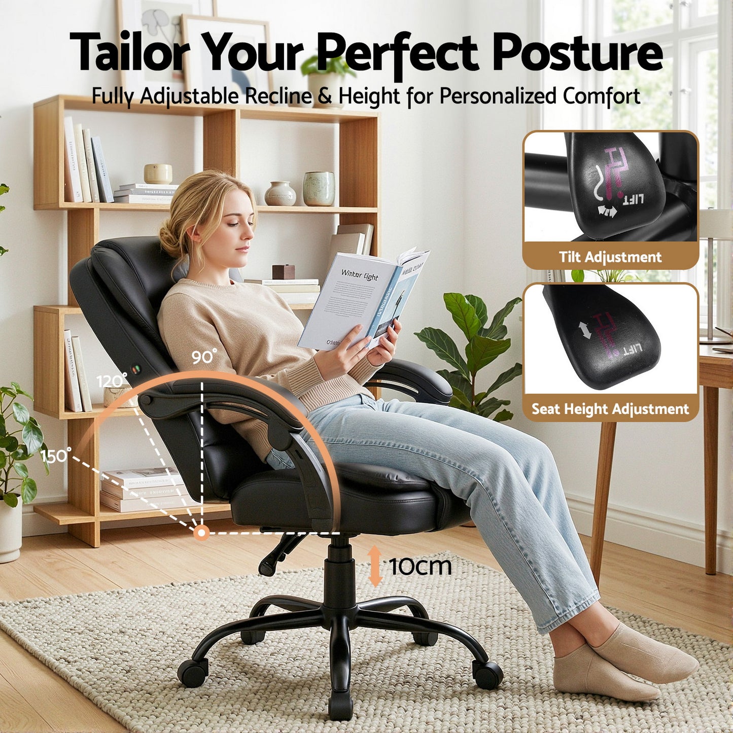 Black Artiss massage office chair with executive design, featuring PU leather upholstery and ergonomic cushioning for comfort.