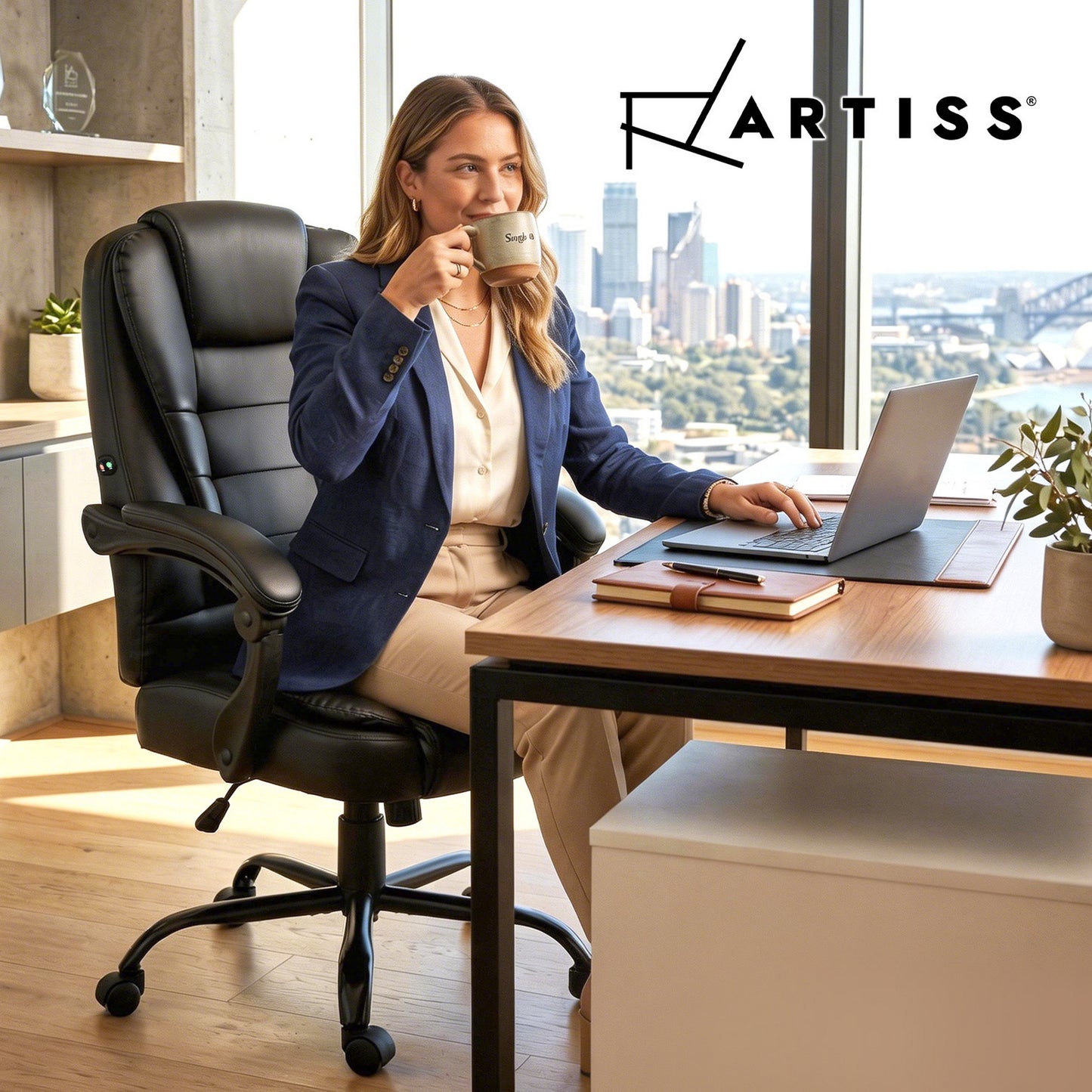Black Artiss massage office chair with PU leather upholstery, ergonomic design, suitable for executive, gaming, and computer use.