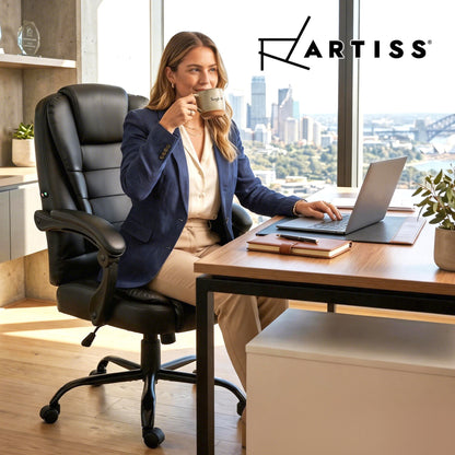 Black Artiss massage office chair with PU leather upholstery, ergonomic design, suitable for executive, gaming, and computer use.