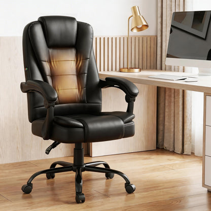 Black Artiss massage office chair with ergonomic design, PU leather upholstery, ideal for gaming or executive workspace comfort.