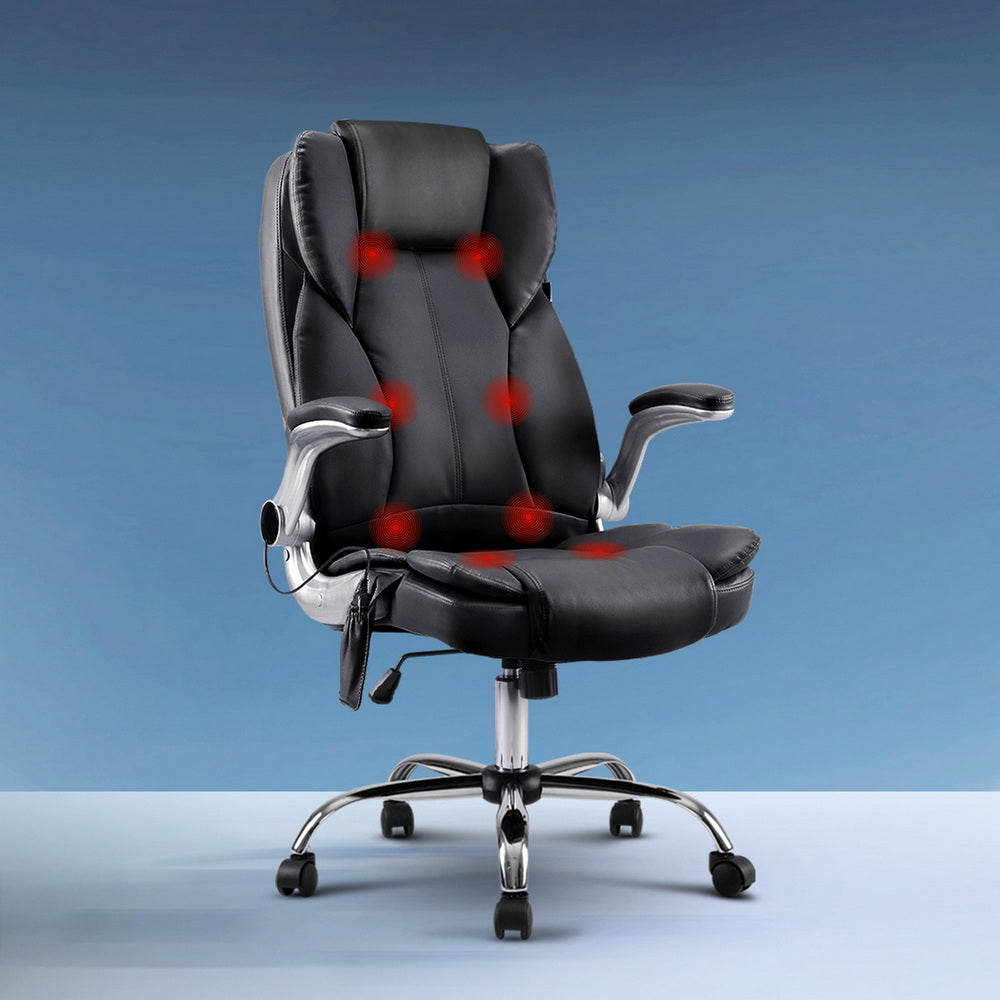 Black Artiss 8-point massage office chair with PU leather, ergonomic design, and adjustable features for comfortable seating.