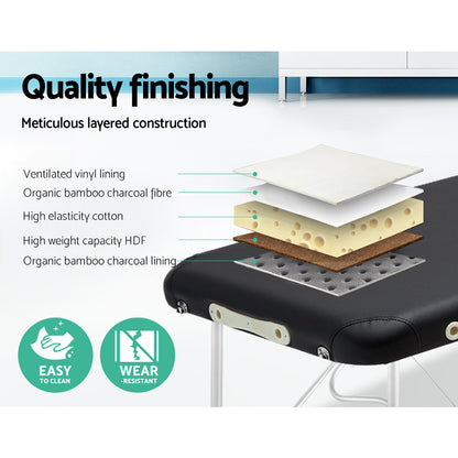 Black portable Zenses massage table by Hlpmedical, 75cm wide, foldable aluminum beauty bed for relaxation and massage therapy.