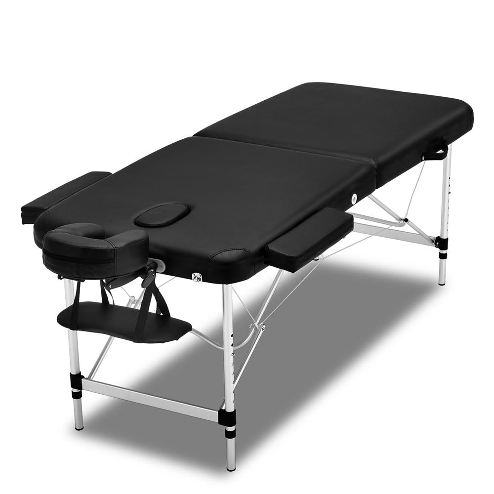 Black portable Zenses massage table with 75cm width, 2-fold aluminium frame, ideal for relaxation and beauty treatments.