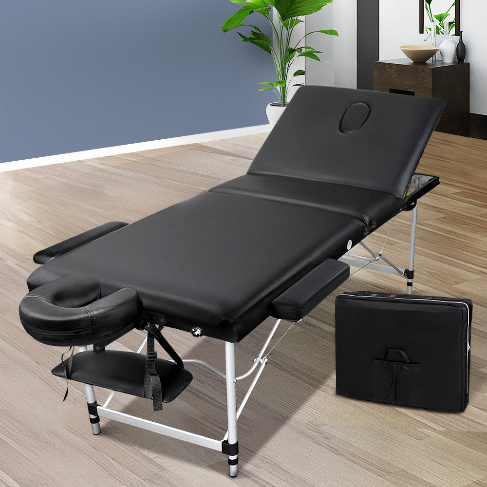 Black portable Zenses massage table by Hlpmedical, 60cm wide, 3-fold aluminum beauty bed for relaxation and therapy sessions.