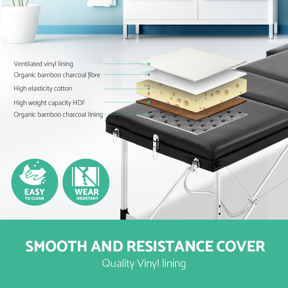 Portable black Zenses massage table by Hlpmedical with 60cm width, aluminum frame, three fold design, ideal for relaxation and beauty treatments.