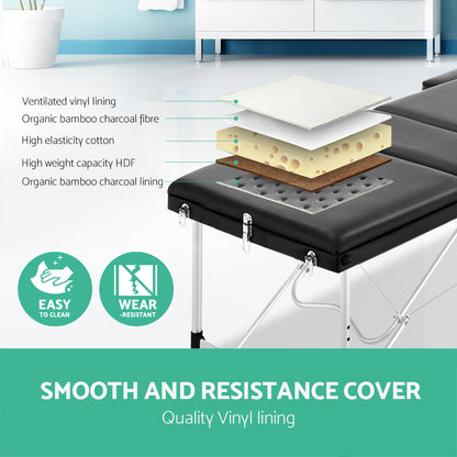 Portable black Zenses massage table by Hlpmedical with 60cm width, aluminum frame, three fold design, ideal for relaxation and beauty treatments.