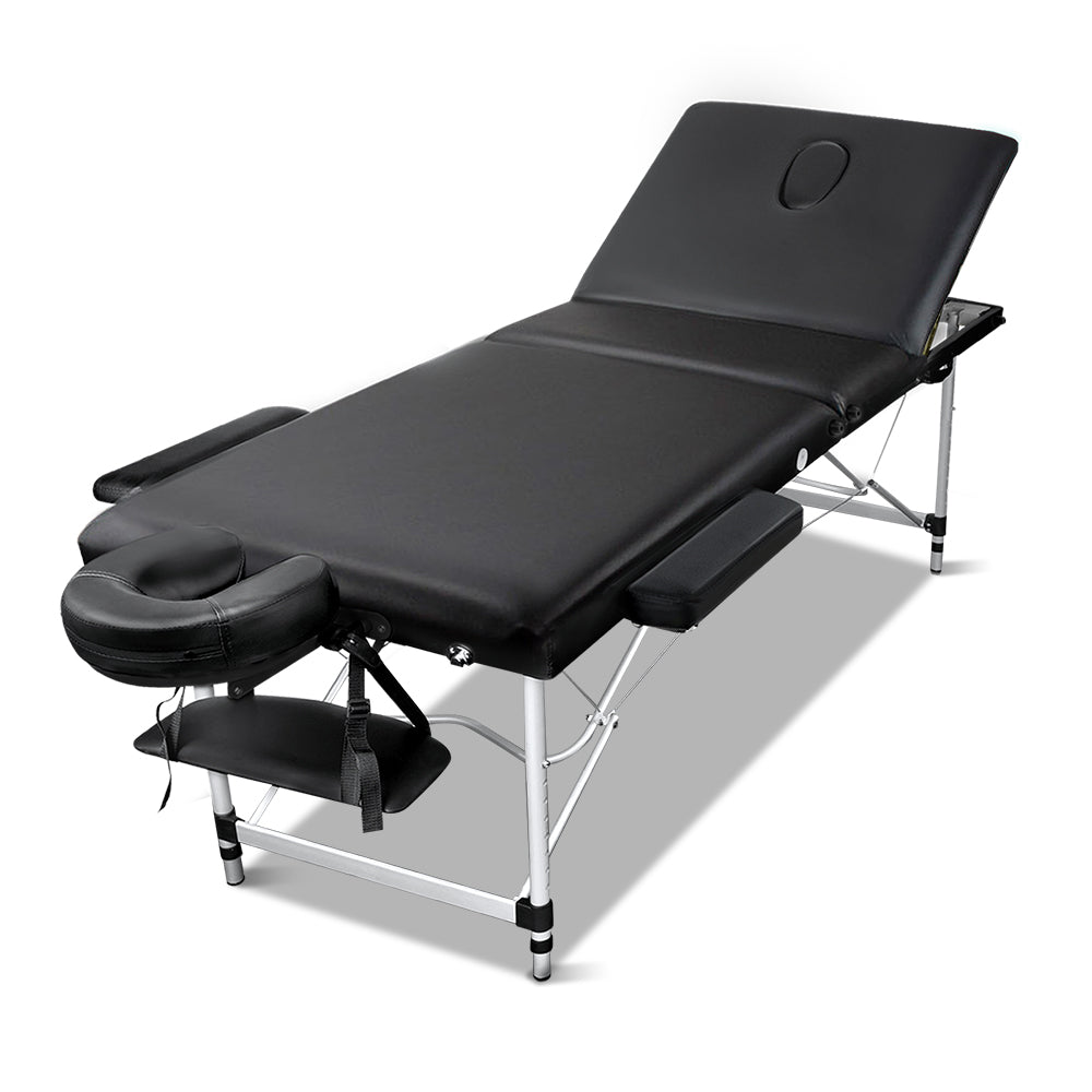 Black portable Zenses massage table by Hlpmedical, 60cm wide, three-fold aluminum beauty bed for relaxation and therapy.