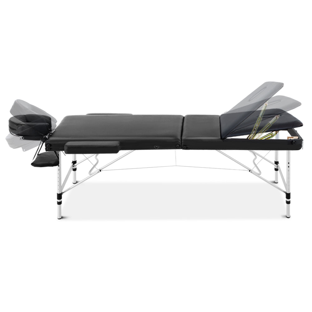 Black portable Zenses massage table by Hlpmedical, 70cm wide, three-fold aluminum design for relaxation and beauty treatments.