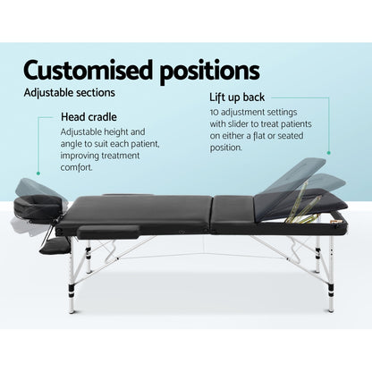 Black portable Zenses massage table by Hlpmedical, 70cm wide, three-fold aluminium beauty bed for massage and relaxation.