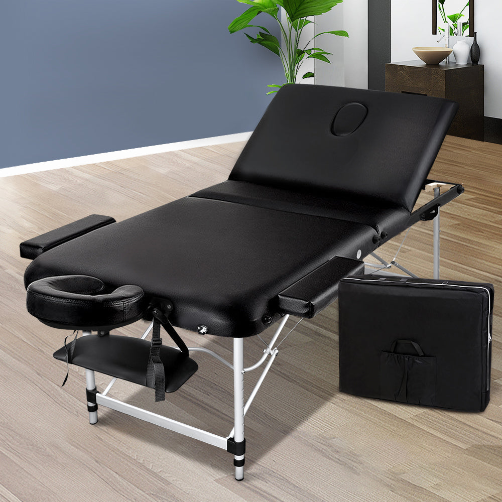 Black Zenses massage table by Hlpmedical, portable 75cm aluminum beauty bed with 3-fold design for relaxation and therapy.