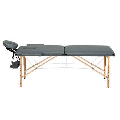 Grey Hlpmedical Zenses portable massage table, 56cm wide, with 2 fold wooden frame, ideal for health and beauty relaxation.