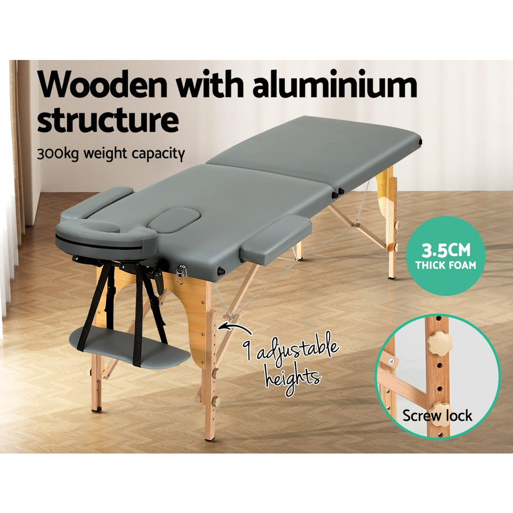Grey portable Zenses massage table by Hlpmedical, 56cm height, foldable wooden design for relaxation and beauty treatments.