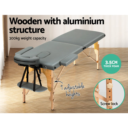 Grey portable Zenses massage table by Hlpmedical, 56cm height, foldable wooden design for relaxation and beauty treatments.
