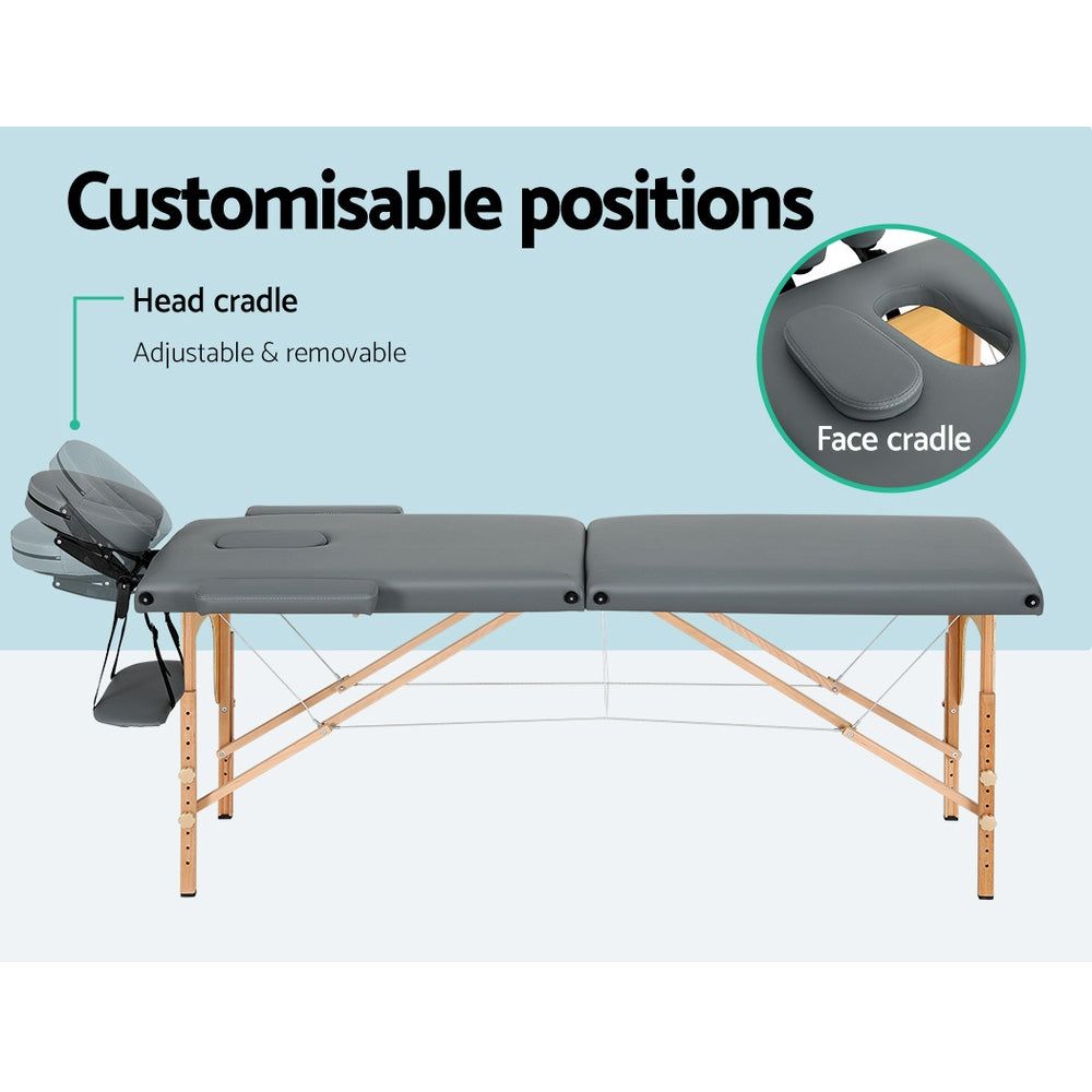 Grey Zenses portable massage table with 2 fold wooden frame, 56cm height, designed for relaxation and beauty treatments.