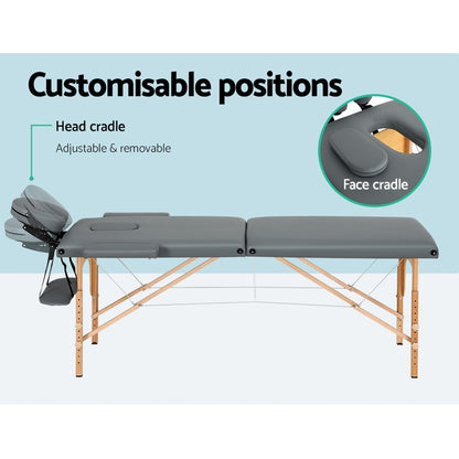 Grey Zenses portable massage table with 2 fold wooden frame, 56cm height, designed for relaxation and beauty treatments.