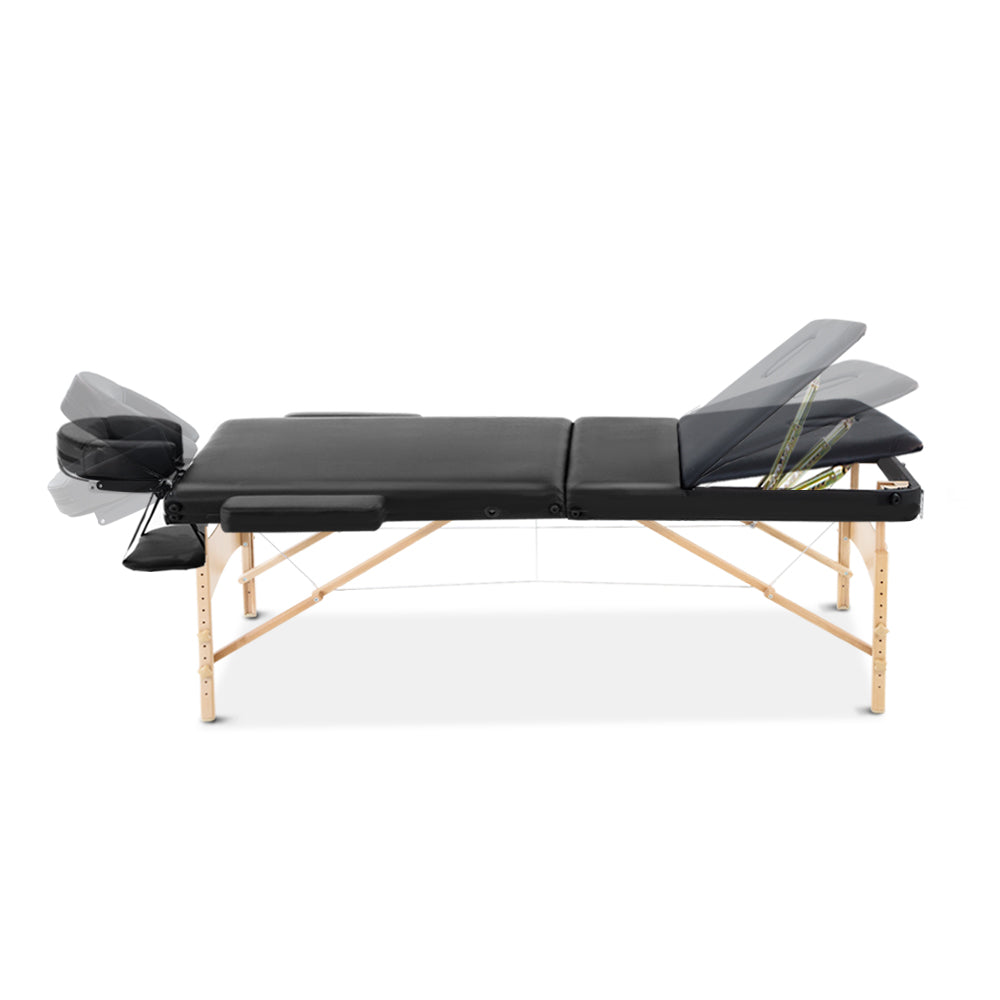 Black Zenses portable massage table, 60cm wide, three-fold wooden beauty bed by Hlpmedical, ideal for massage and relaxation sessions.