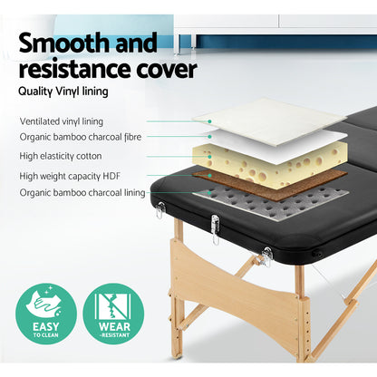 Black Hlpmedical Zenses portable massage table, 60cm wide, 3-fold wooden beauty bed for massage and relaxation therapy.