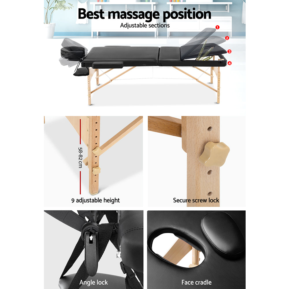 Black Zenses portable massage table, 60cm wide, three-fold wooden beauty bed for relaxation and health treatments.