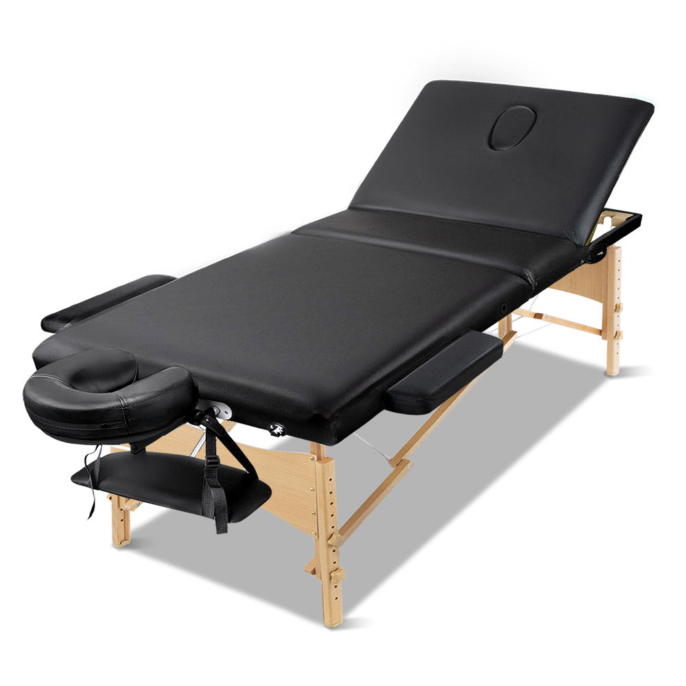 Portable Zenses massage table by Hlpmedical, 60cm wide, three-fold wooden beauty bed in black, ideal for relaxation and therapy.