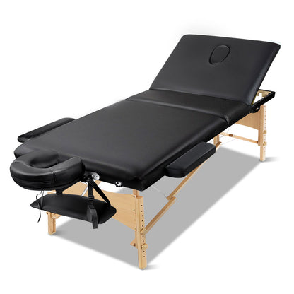 Portable Zenses massage table by Hlpmedical, 60cm wide, three-fold wooden beauty bed in black, ideal for relaxation and therapy.