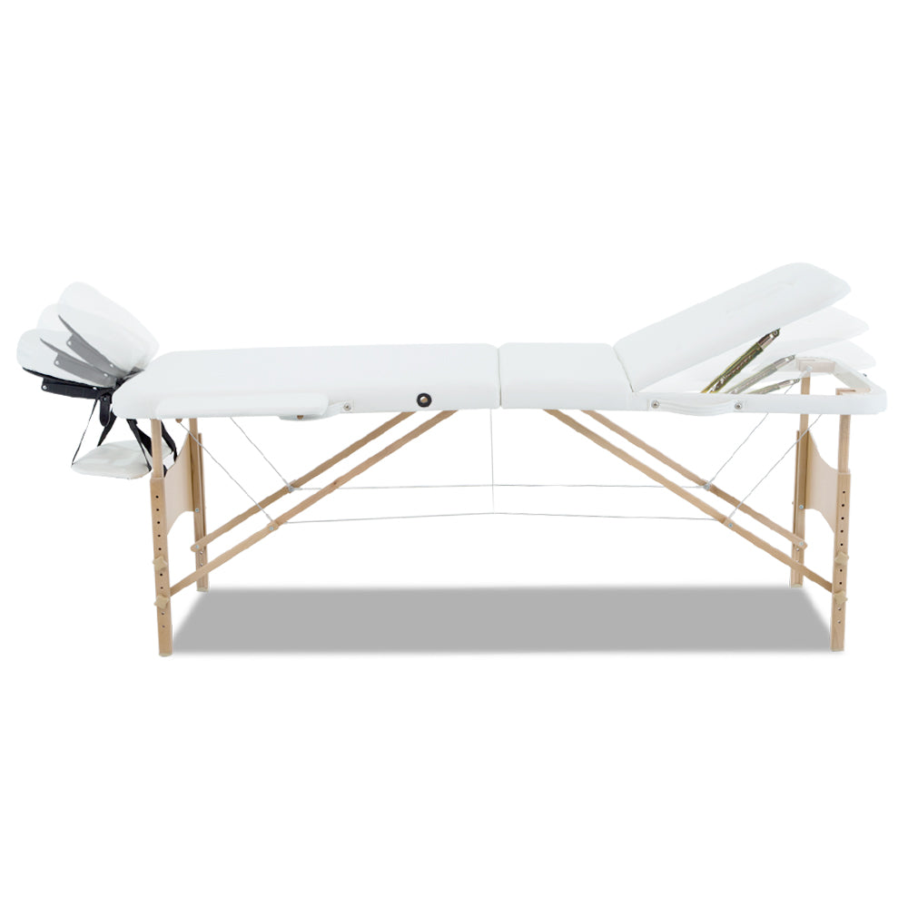 Hlpmedical Zenses portable massage table, 70cm wide, 3-fold wooden beauty bed in white, ideal for relaxation and therapy sessions.