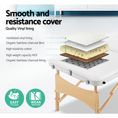 Hlpmedical Zenses portable massage table, 70cm wide, white wooden 3-fold beauty bed for massage and relaxation.