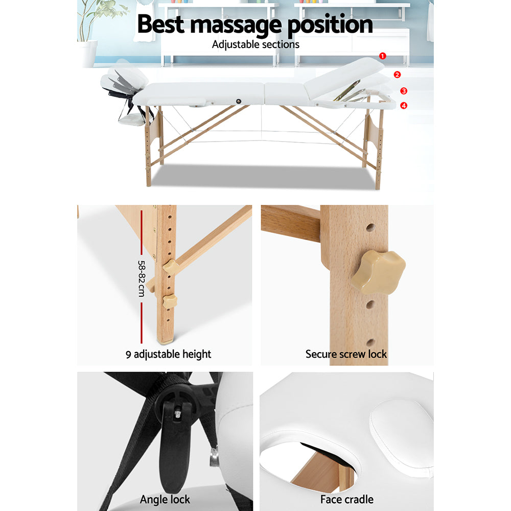 White Zenses portable massage table, 70cm wooden beauty bed with 3 fold design for relaxation and health treatments