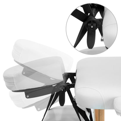 Portable Zenses massage table by Hlpmedical with white wooden frame, 70cm adjustable, three-fold design for relaxation and beauty treatments.