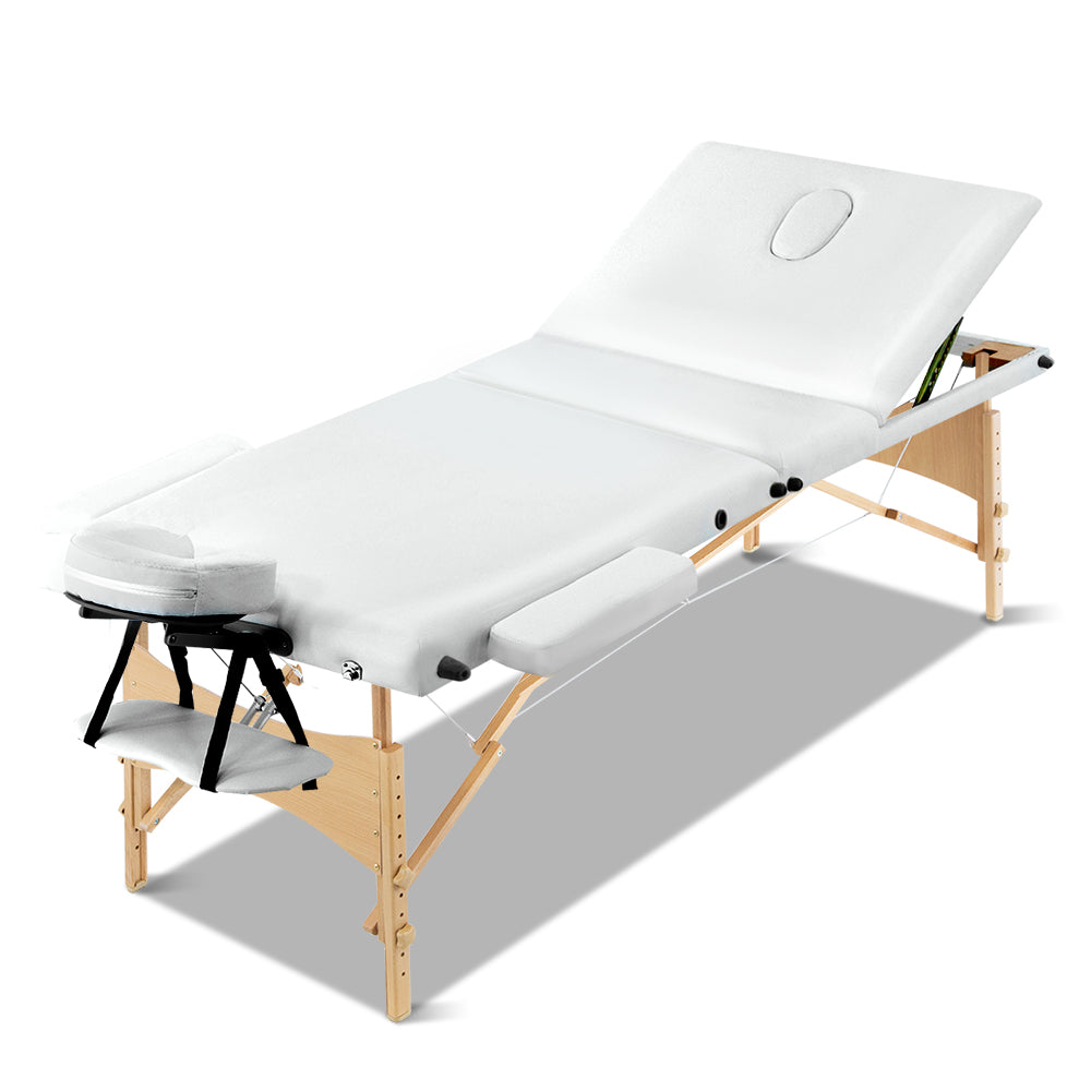 Portable Zenses Massage Table by Hlpmedical with 70cm width, white wooden frame, three fold design, ideal for massage and relaxation.