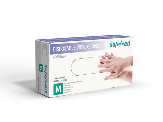 Medium box of HLP Medical Supplies clear powder-free vinyl gloves, TGA approved for medical and cleaning use.